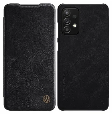 A black flip case for a smartphone is shown from two angles: closed and open.