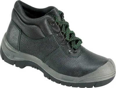 A single black work boot with green laces is shown against a white background.