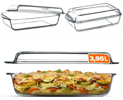 Image de Plat à gratin avec couvercle, 3,95 litres – plat à gratin rectangulaire en verre, résistant à la chaleur et allant au four – plat à gratin pour lasagnes, viandes et gratins