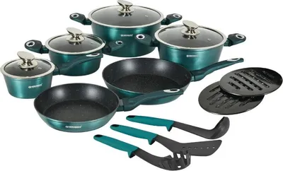 Produktbild von 15-teiliges Kochgeschirr-Set mit Marmorbeschichtung, blau, induktionsgeeignet