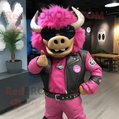 Imagen del producto de Personaje REDBROKOLY de traje de mascota Pink Bison vestido con una chaqueta Moto y anteojos