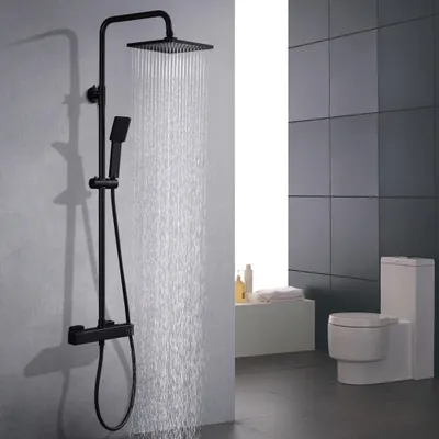 Obrázek produktu pro Homelody sprchový systém s termostatem 38°C, čtvercová sprchová sloupka, černá sprchová armatura, dešťová sprcha, sprchový set, nastavitelná sprchová tyč, nerezová ocel