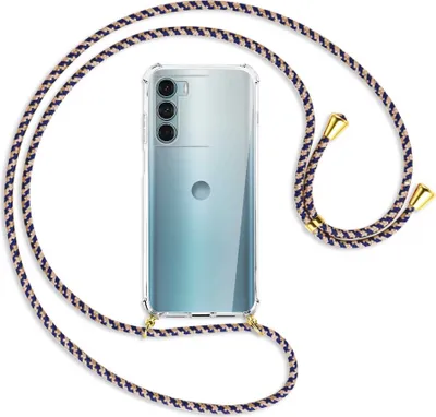 Produktbild von Handykette Backcover-Schutzhülle mit Band (Metall goldfarben) für Motorola Moto G200 5G - blau+beige