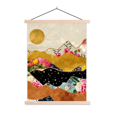Produktbild von MuchoWow® Textilposter Gold - Blumen - Druck - Abstrakt - Landschaft - Muster 120x160 cm mit holzfarbenen Rahmen - Plakatkarton