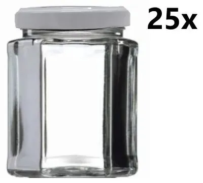 Obrázek produktu pro Zavařovací sklenice 278 ml ŠESTIHRAN čirá 25 ks VČETNĚ BÍLÝCH VÍČEK, Počet kusů v balení: 25