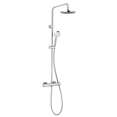 A chrome-finished dual shower system with a thermostat.