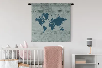 Produktbild von MuchoWow® Wandteppich Wandbehang Weltkarte - Blau - Blume 90x90 cm Tapisserie Dekoration Wandtuch - Wandaufhänger