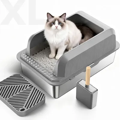 Produktbild von Katzentoilette aus Edelstahl, extra große, offene Edelstahl-Katzentoilette (60 x 40 x 30 cm) mit Pedal und Schaufel, leicht zu reinigende, halboffene Katzentoilette.