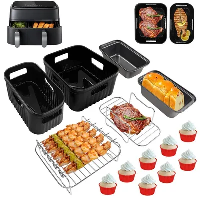 Zdjęcie produktu dla Zestaw akcesoriów do frytkownicy bezolejowej, 14 elementów, silikonowe formy, grill ze stali nierdzewnej, kompatybilny z urządzeniami Philips i Tefal