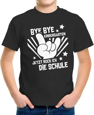 Produktbild von Kinder T-Shirt Jungen Bye Bye Kindergarten Abschied Geschenk zur Einschulung Schulanfang Moonworks® schwarz 122-128 (7-8 Jahre)