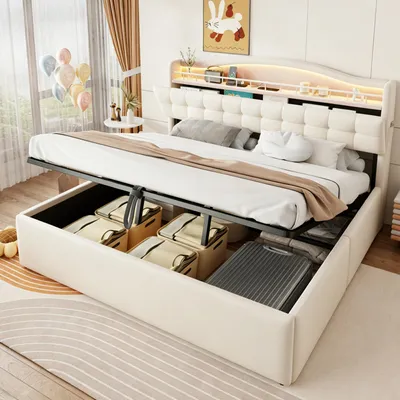 Immagine prodotto di Letto idraulico imbottito Flieks, 180x200 cm, con funzione contenitore e rivestito in ecopelle, letto per ragazzi/bambini con scaffalatura e testiera ribaltabile, letto matrimoniale in velluto, color beige