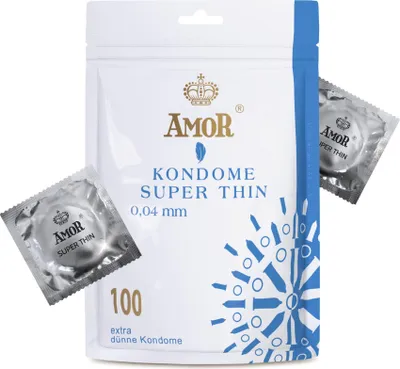 Immagine prodotto di Preservativi AMOR Premium Super Thin 0,04, 100 pezzi, spessore extra sottile 0,04 mm, Ø 53 mm