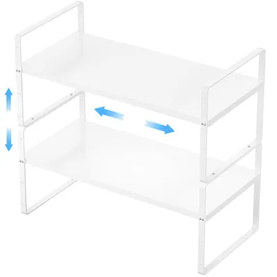 Image de Organisateur de rangement pour étagères de cuisine, lot de 2, blanc, métal, extensible et empilable