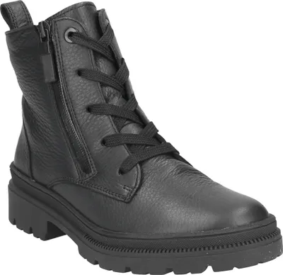 A black leather boot with laces and a side zipper.