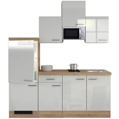 Produktbild von Singleküche mit E-Geräten - 210 cm breit - Hochglanz Weiß Sonoma Eiche – Valencia