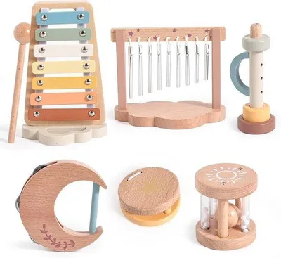 Productafbeelding van Muzikale Instrumenten voor Kinderen 1-3 Jaar, Montessori Houten Speelgoedset met Xylofoon, Fluit, Castagnetten, Geluidsspeelgoed, Cadeau