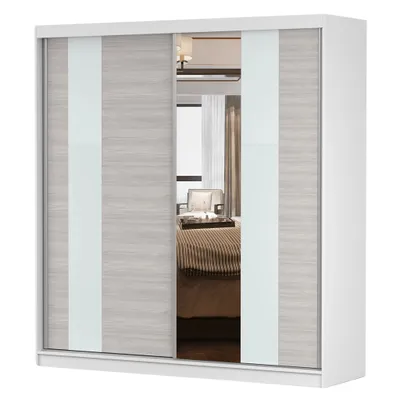 Produktbild von Schwebetürenschrank Kleiderschrank Schrank 203 cm Weiß/Kathult mit Spiegel und Lacobel Glaseinsatz Multi 32