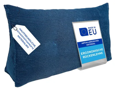 Zdjęcie produktu dla Pillows24 - Poduszka na plecy do łóżka i sofy ze zdejmowaną, zmywalną poszewką - 90 cm szerokości | Duża poduszka do czytania - poduszka klinowa, sztruksowa niebieska