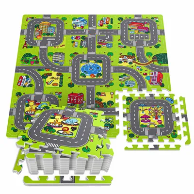 Produktbild von Hop-Sport Puzzlematte Kinder Baby - Spielmatte Stadt & Straßen, 9 -Teile, 90,5 x 90,5 x 1 cm, Puzzleteppich, rutschfeste Krabelmatte, Schaumstoff