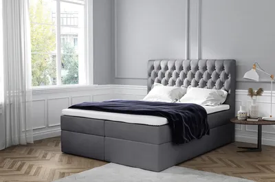 Produktbild von Elegantes gepolstertes Doppelbett Mandy mit Aufbewahrung dunkelgrau 140 x 200 + Gratis-Topper
