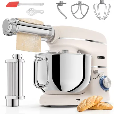 Imagen del producto de Fentic Batidora Amasadora con Máquina Pasta Fresca – 2000W – Robot de Cocina con Laminadora de Masa - 6,2L Bol (Beige)