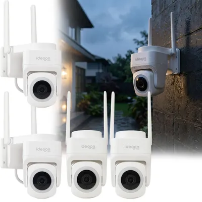 Produktbild von 4er-Set Outdoor Überwachungskamera 2K WLAN IP65 Wetterfest: 355 Grad Aussen-Kamera mit Personenerkennung, App, Nachtsicht & Intercom-System