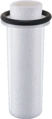 A close-up studio shot of a white filter cartridge with a black O-ring around the top.