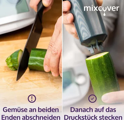 A split image showing two steps of preparing a zucchini for a spiralizer. The left side shows a hand cutting the ends off a zucchini with a knife on a wooden cutting board. The right side shows a hand inserting the cut zucchini into a gray spiralizer attac