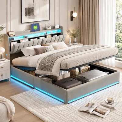 Produktbild von INONEFT Polsterbett 140 x 200 cm, Doppelbett mit LED und USB, Hydraulisches Bett mit Stauraum und Lattenrost, Erwachsenenbett, Samt, Grau