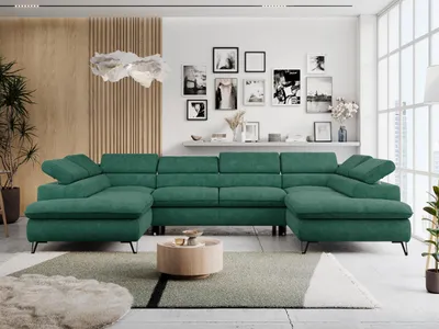 Produktbild von Ecksofa, Universelles, Schlaffunktion, Bettkasten, U-förmig, einstellbare Kopfstützen, Bettsofa - PETER U - Struktur - Grün
