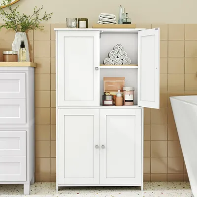 Produktbild von VASAGLE Badschrank mit 4 Türen, Badezimmerschrank mit höhenverstellbaren Einlegeböden, Shaker-Stil, weiß