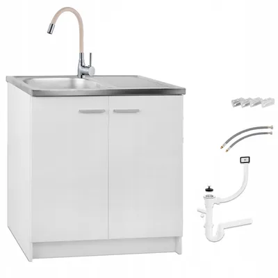 A white kitchen cabinet with a sink and faucet, along with plumbing accessories, is displayed against a white background.