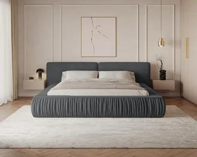 Produktbild von MOEBLO Polsterbett Bett 08 – Doppelbett mit gepolstertem Kopfteil, Bettkasten, Metallrahmen und Lattenrost - 140x200 cm - Dunkelgrau (Riviera 97)