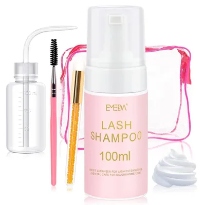 Produktbild von Wimpernshampoo für Extensions 100ml mit Spülflasche und Bürste für Salon & Zuhause