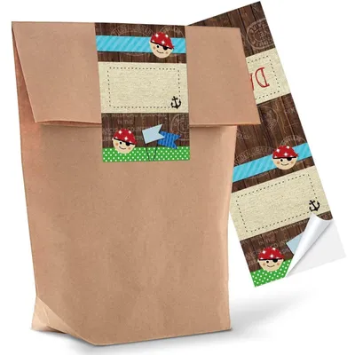 Produktbild von 10 kleine braune Geschenktüten Papier-Tüten + 10 Geschenk-Aufkleber Sticker PIRATEN DANKE 14 x 22 x 5,6 cm Mitgebseltüten Kindertüten Jungen Geschenk-Verpackung give-away Geburtstags-Tüte Party Kinder25 Stück
