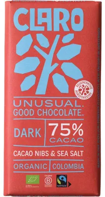 Produktbild von Claro Dunkle Schokolade 75% Kakao mit Kakaonibs & Meersalz, 80 g