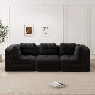 Zdjęcie produktu dla Sofa modułowe narożne 3-osobowe, czarne, bez ram, obite tkaniną Cord, łatwe w montażu, komfortowa sofa wypoczynkowa, wymiary: 297x104x69 cm