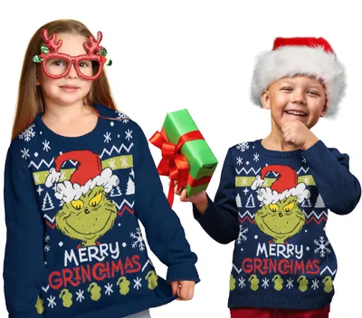Produktbild von The Grinch Weihnachtspullover für Kinder - Merry Grinchmas Winter Strick Pullover Sweatshirt Ugly Christmas Sweater Weihnachten Blau 98-104