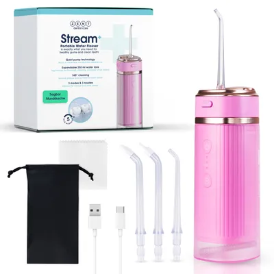 Produktbild von ZENT Stream+ Munddusche Kabellos Flosser, Zahndusche, 3 Ersatzdüsen, Rosa