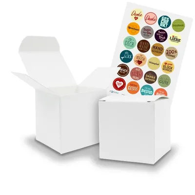 Produktbild von SET MIX (Motiv21) 24x Faltschachtel Würfel 6,5cm weiß + Sticker