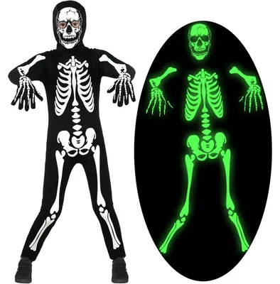 Produktbild von Lubolee Halloween Kostüm Kinder, Skelett Kostüm Kinder Leuchtend für Jungen mit Ganzkörperanzug und Handschuhen Karneval – Größe 4-6 Jahre