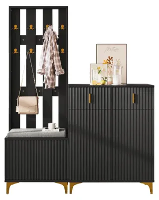 Produktbild von Flurmöbel-Set - Garderobe mit Schuhbank - Sitzkissen - Haken - Schuhschrank mit Schubladen und Türen - Schwarz