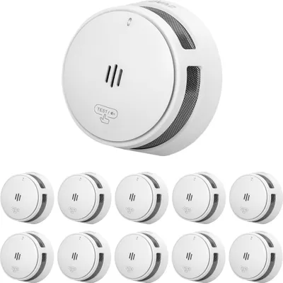 A single smoke detector is shown from a slightly elevated angle, with a group of nine identical smoke detectors arranged below it in two rows.