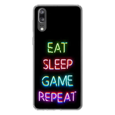 Produktbild von MuchoWow® Handyhülle Schutzhülle Hülle für Huawei P20 Gaming - Led - Zitat - Eat sleep game repeat - Gaming Silikon Softcase Handy Hülle - Hardcover
