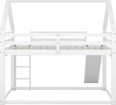 Produktbild von Flieks Etagenbett 140x200cm, Kinderbett Hausbett mit Rutsche und Leiter, Hochbett mit Lattenrost, Stockbett Holzbett mit Rausfallschutz, Weiß