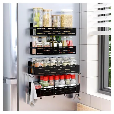 Produktbild von 4er-Set Magnetisches Gewürzregal für Kühlschrank mit 8 Haken, Schwarz