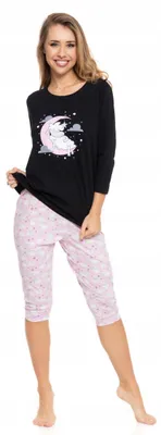 Produktbild von Damenpyjama - Baumwollpyjama Größe S - 3/4 Ärmel schwarz - Schafmotiv