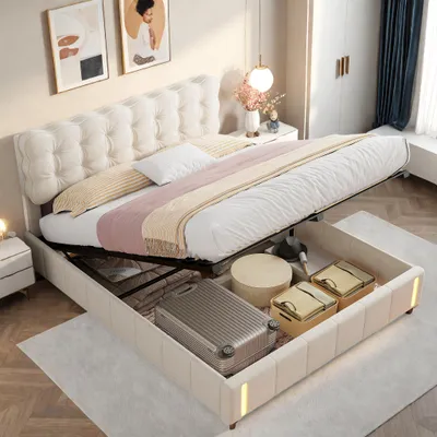 Image de Lit rembourré INONEFT 140x190 cm avec espace de rangement et éclairage LED, lit à lattes double, lit pour adolescents avec espace de rangement, en velours, couleur beige