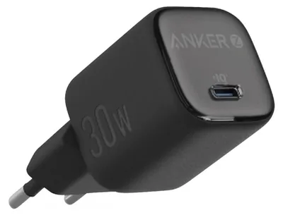 A black Anker Zolo 30W USB-C charger with the Anker logo and '30W' printed on it.