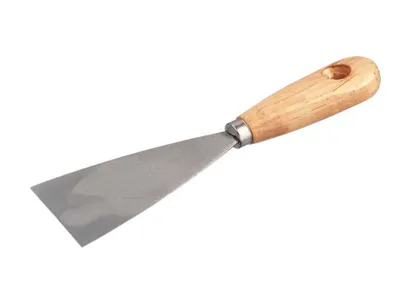 A painting spatula with a wooden handle is shown against a white background.